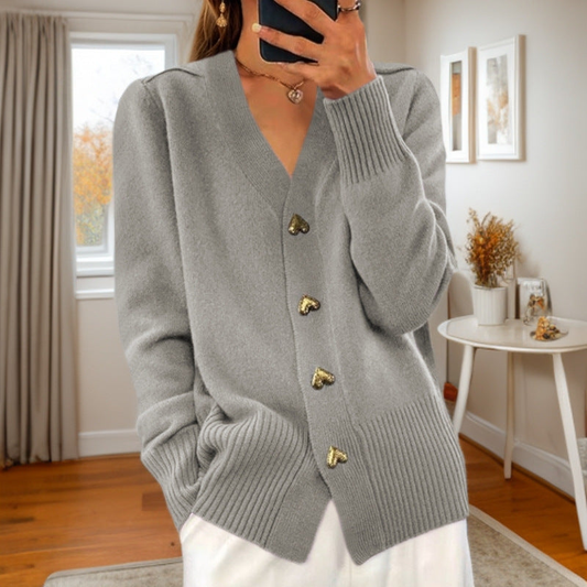 Cardigan femme col V à boutons dorés et poches – Gris
