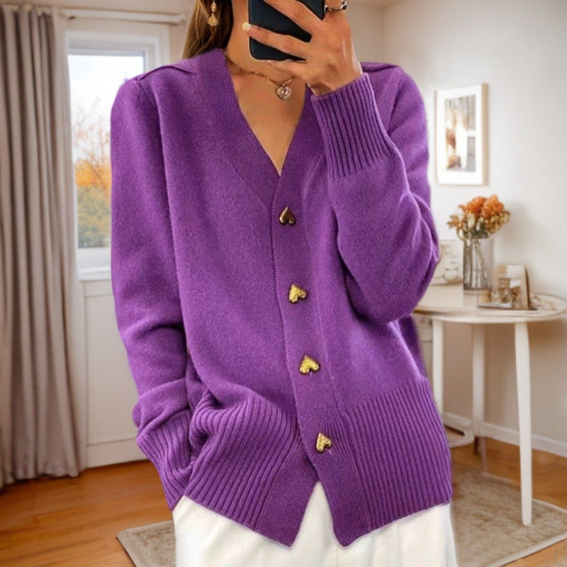Cardigan femme col V à boutons dorés et poches – Violet