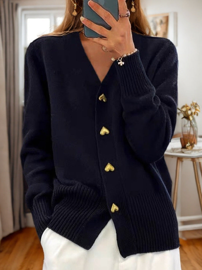 Cardigan femme col V à boutons dorés et poches – Noir
