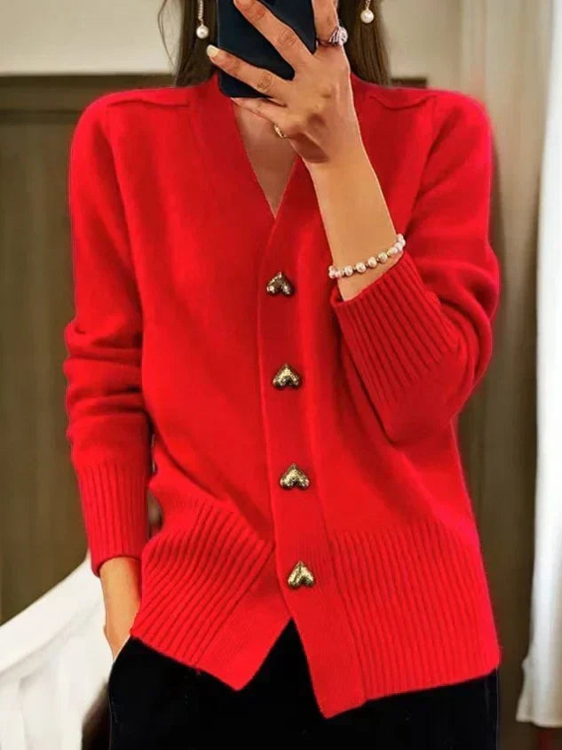 Cardigan femme col V à boutons dorés et poches – Rouge