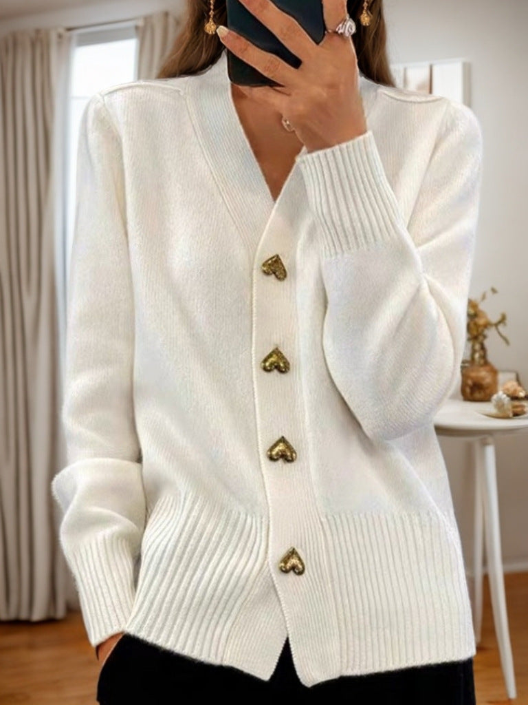 Cardigan femme col V à boutons dorés et poches – Blanc
