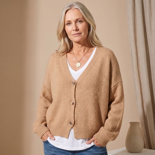 Cardigan femme oversize col V à épaules tombantes – Kaki
