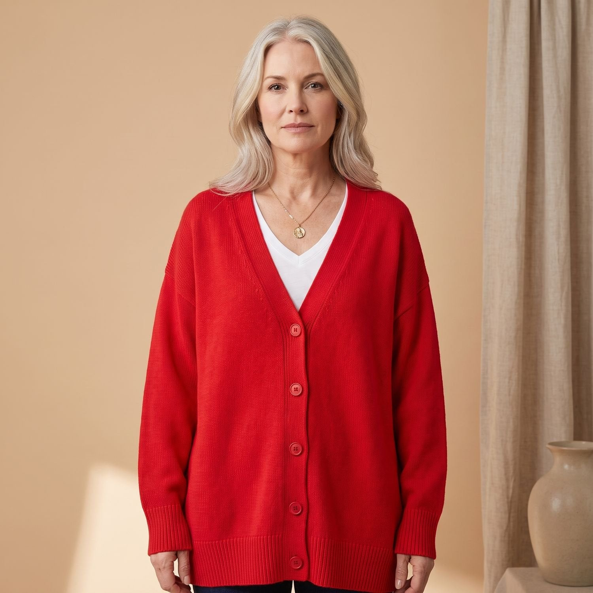 Cardigan femme oversize col V à épaules tombantes – Rouge