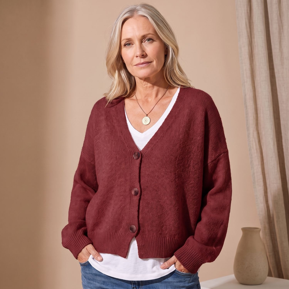 Cardigan femme oversize col V à épaules tombantes – Bordeaux