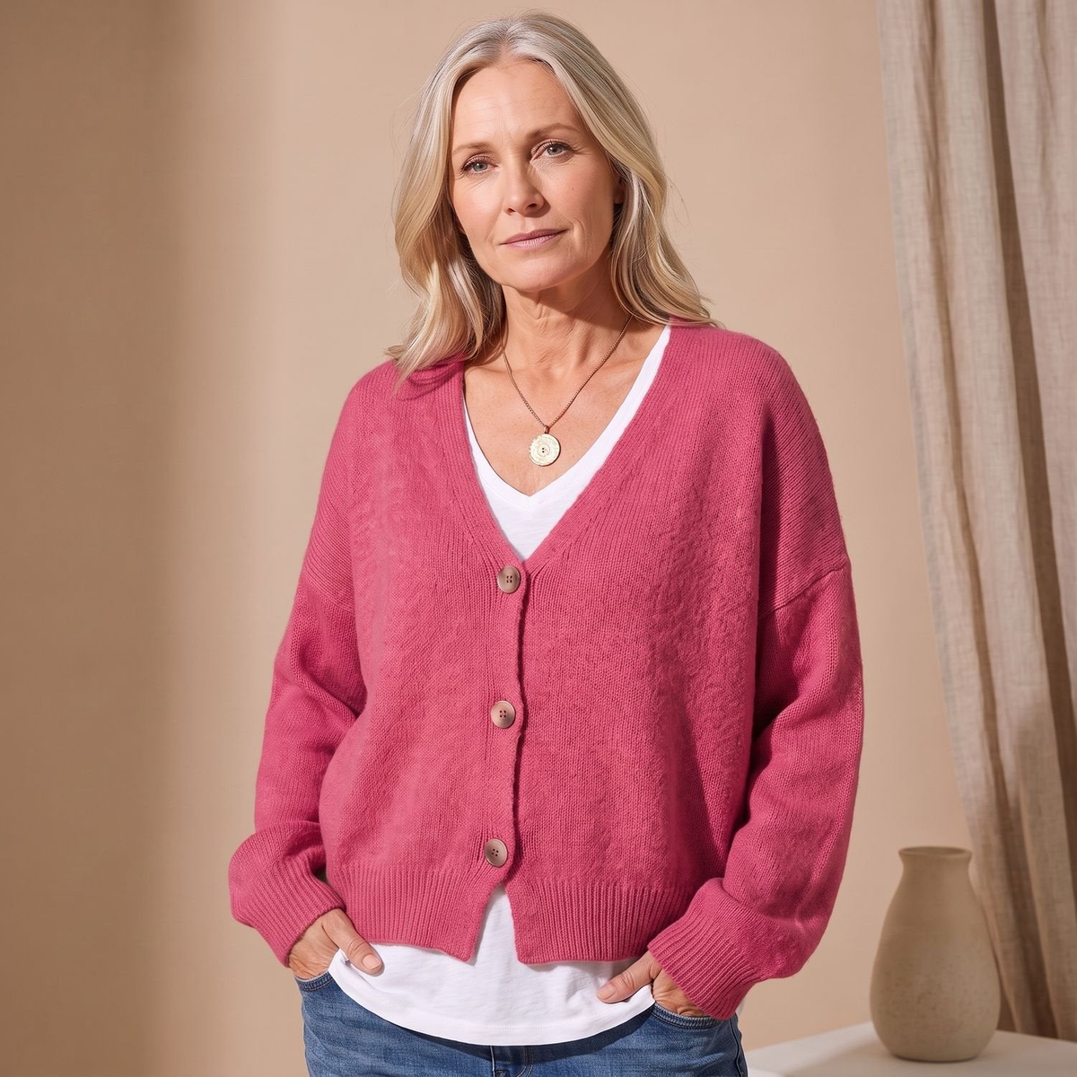 Cardigan femme oversize col V à épaules tombantes – Rose