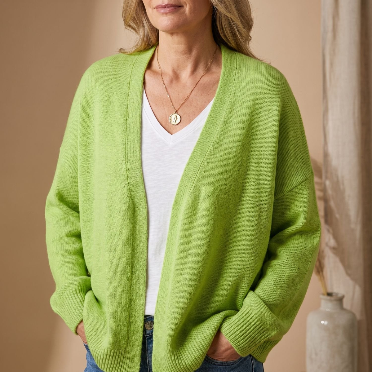 Cardigan femme oversize col V à épaules tombantes – Vert clair
