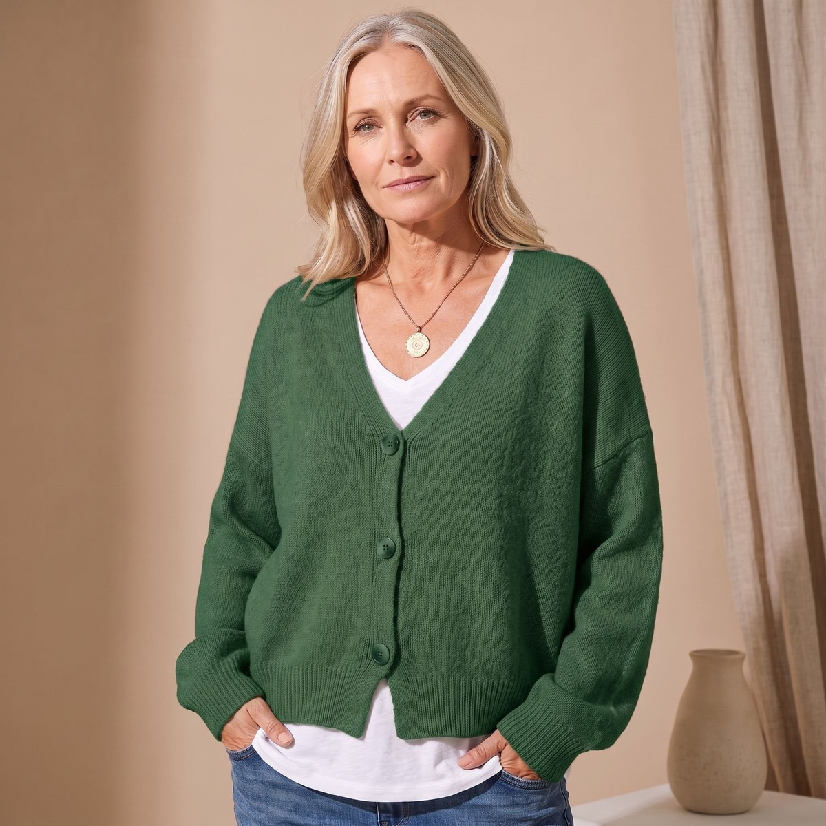 Cardigan femme oversize col V à épaules tombantes – Vert foncé