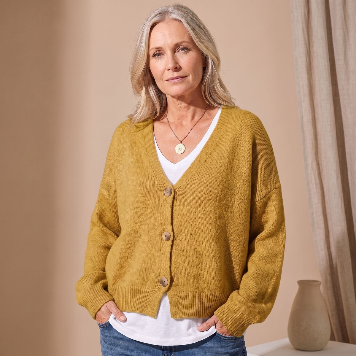 Cardigan femme oversize col V à épaules tombantes – Moutarde