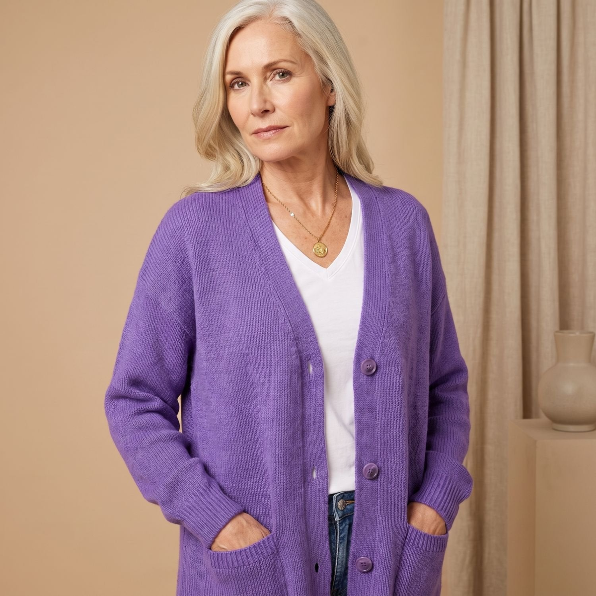 Cardigan femme oversize col V à épaules tombantes – Lilas