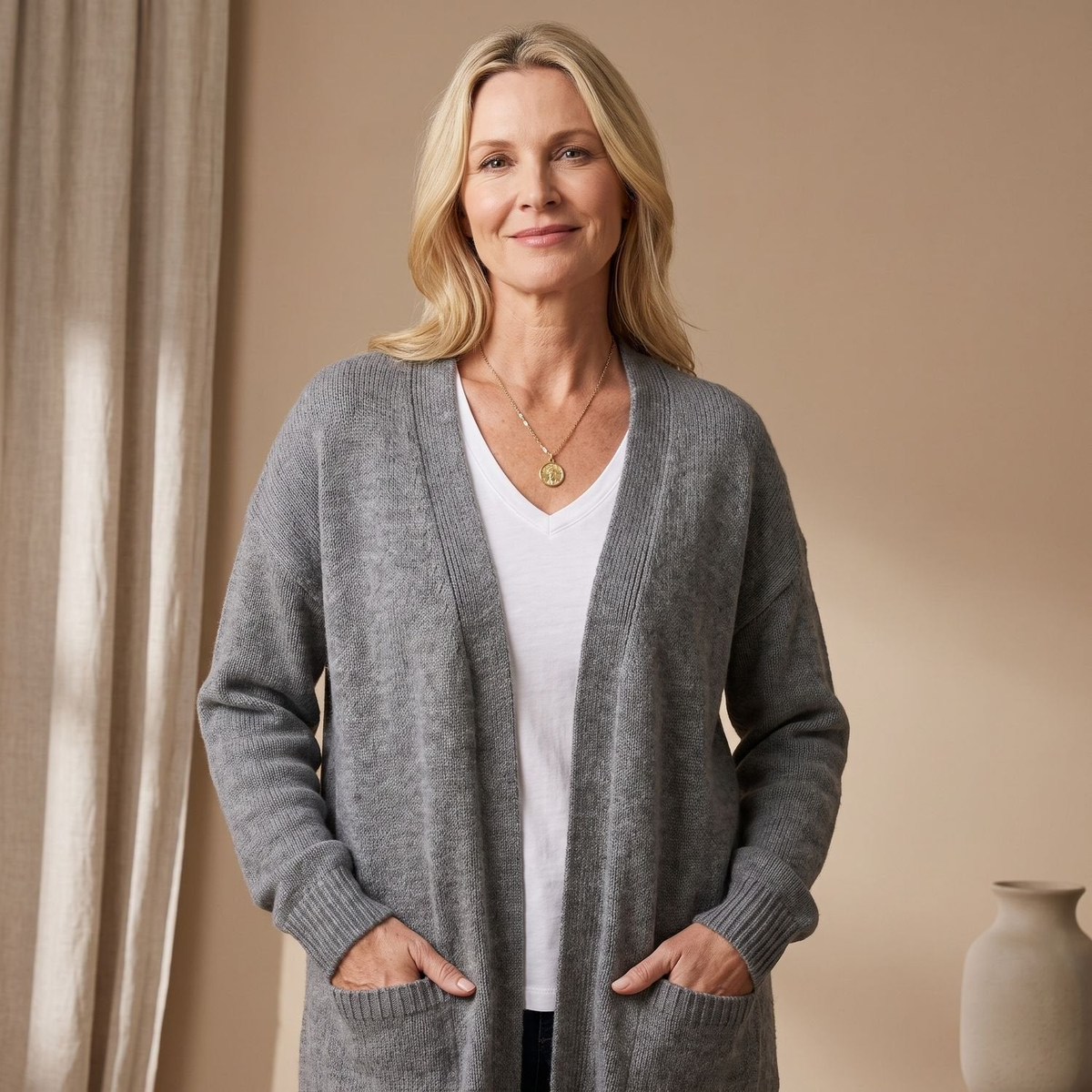 Cardigan femme oversize col V à épaules tombantes – Gris