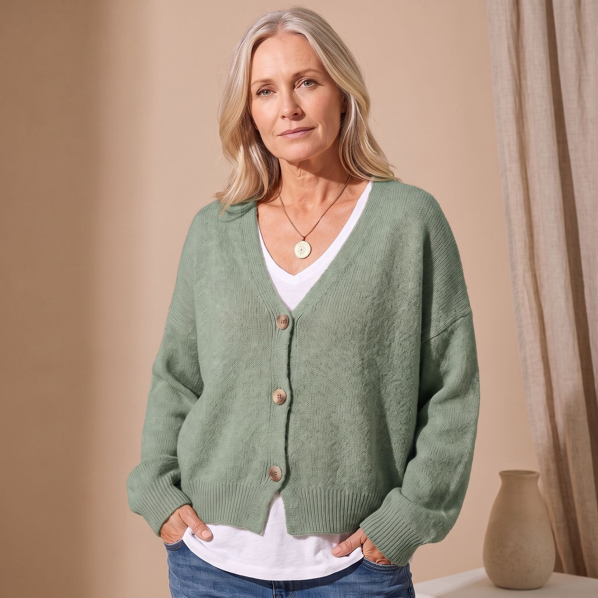 Cardigan femme oversize col V à épaules tombantes – Vert sauge