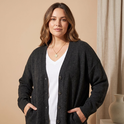 Cardigan femme oversize col V à épaules tombantes – Noir