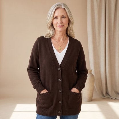Cardigan femme oversize col V à épaules tombantes – Marron