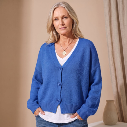 Cardigan femme oversize col V à épaules tombantes – Bleu