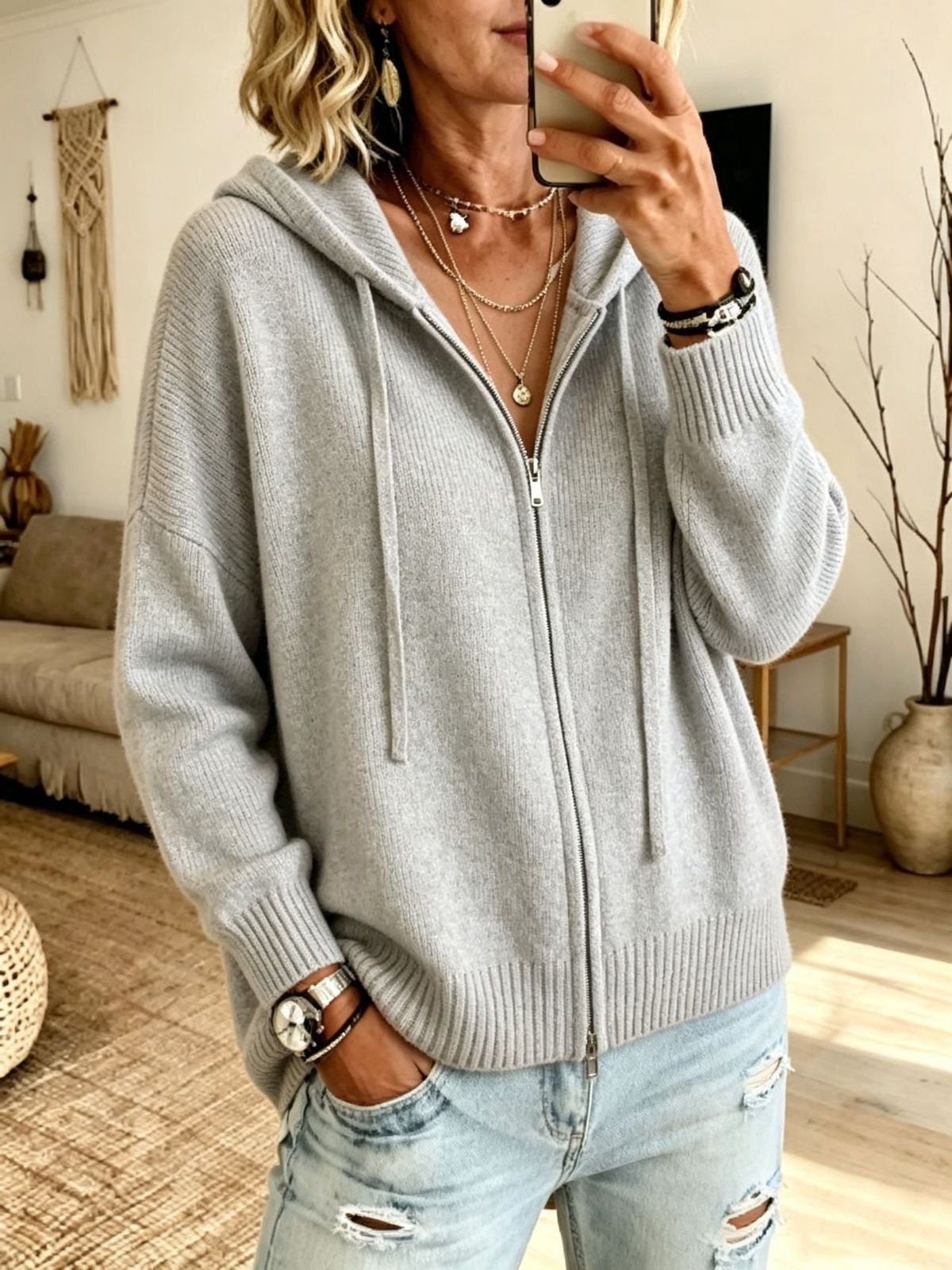 Cardigan femme zippé à capuche en grosse maille – Gris