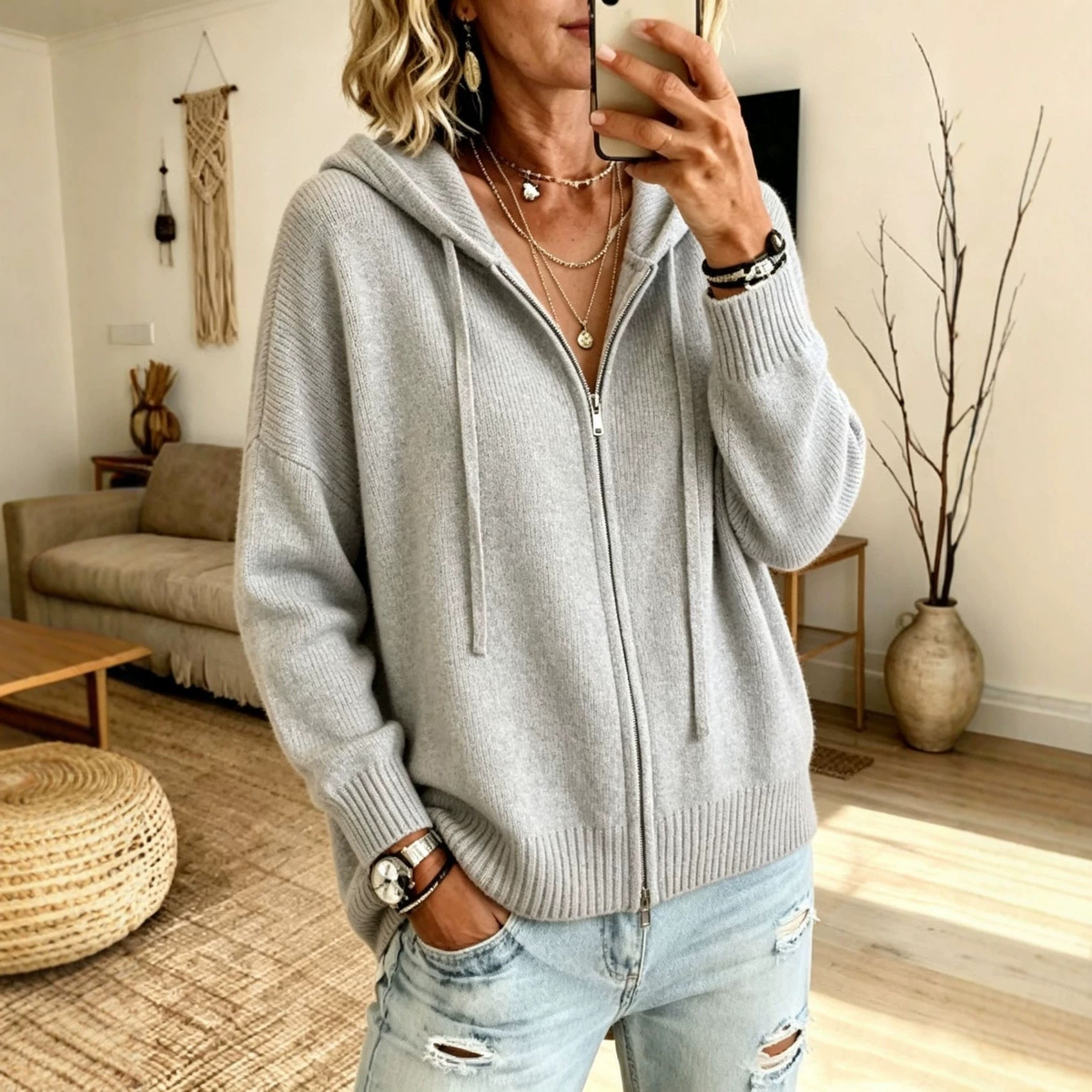 Cardigan femme zippé à capuche en grosse maille