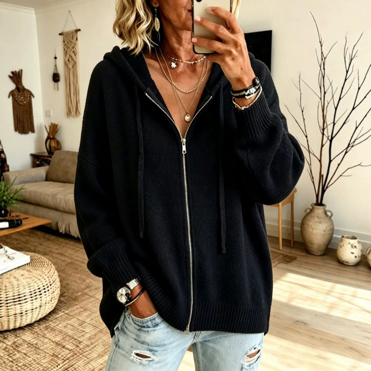 Cardigan femme zippé à capuche en grosse maille
