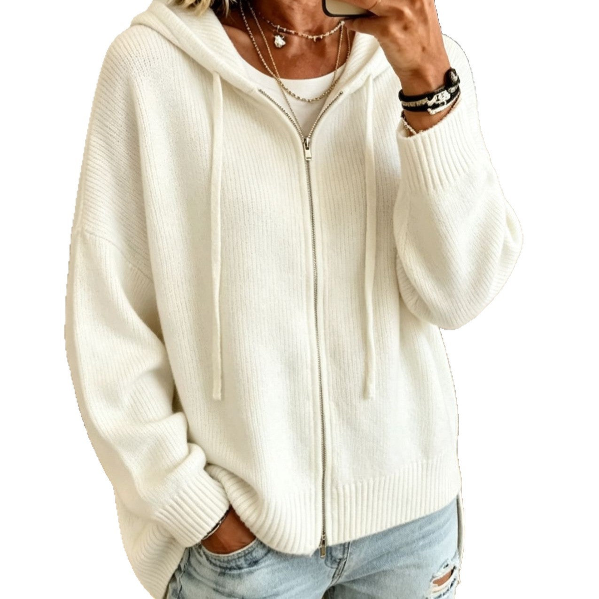 Cardigan femme zippé à capuche en grosse maille