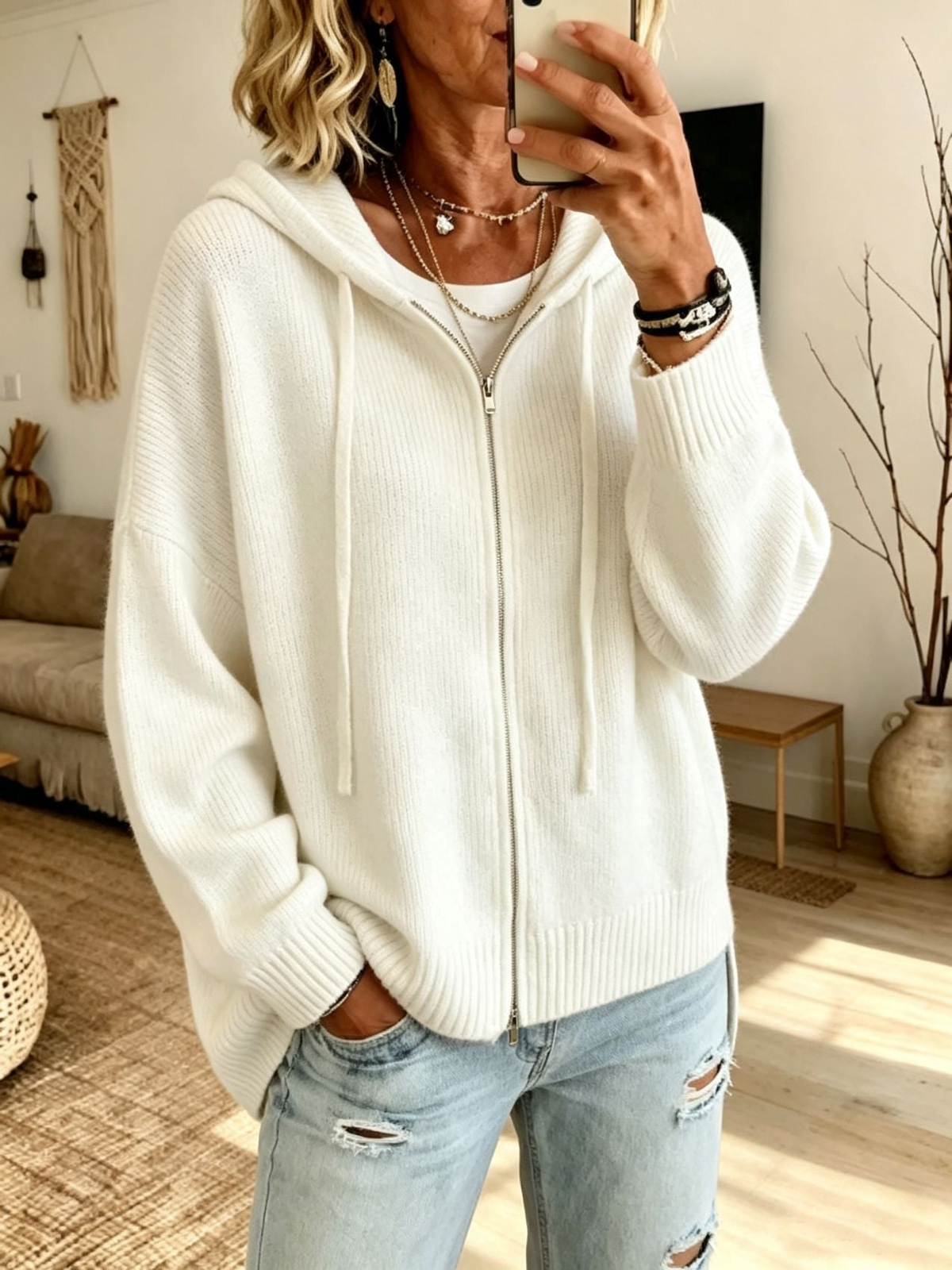 Cardigan femme zippé à capuche en grosse maille – Blanc