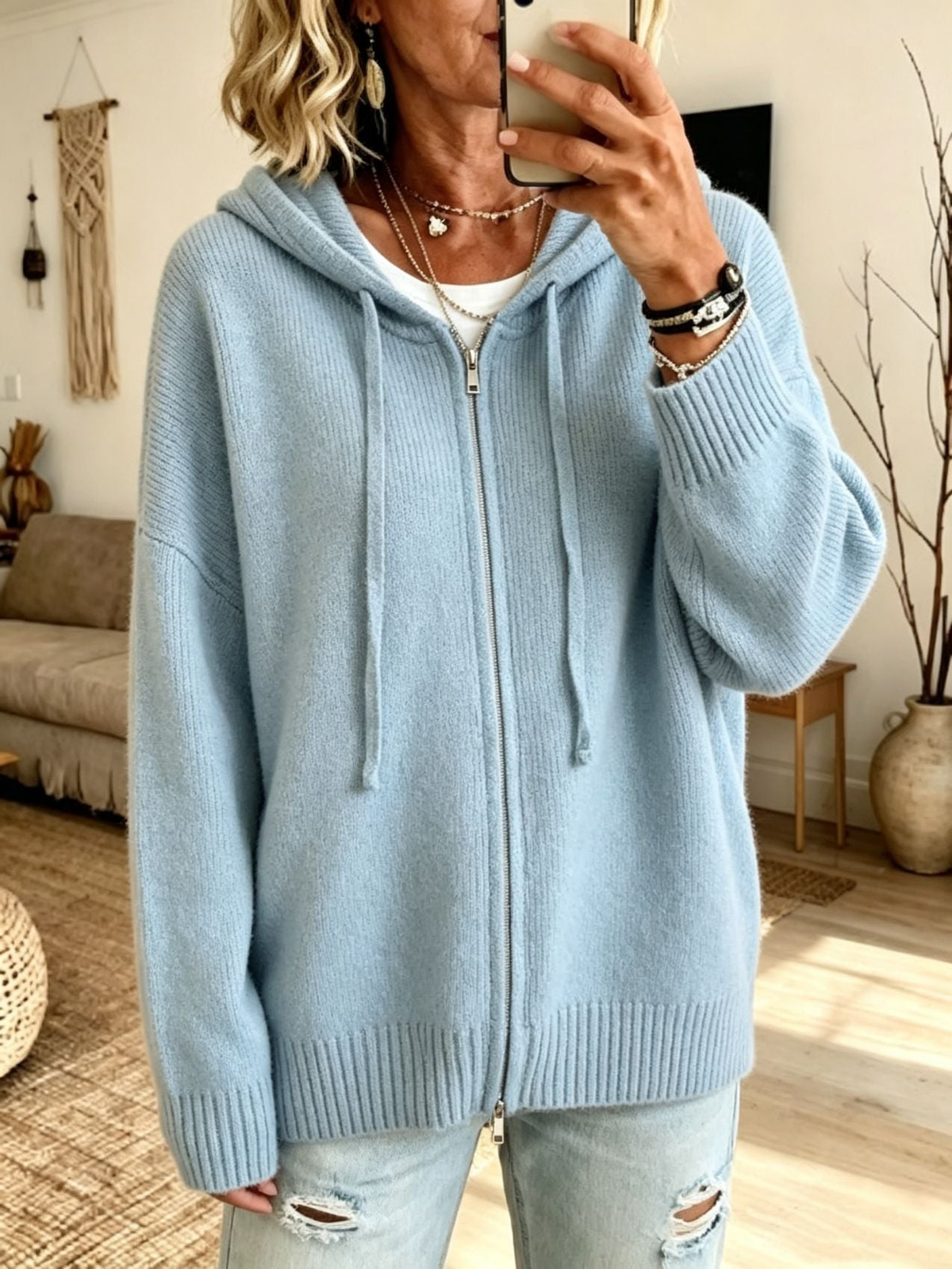 Cardigan femme zippé à capuche en grosse maille – Bleu