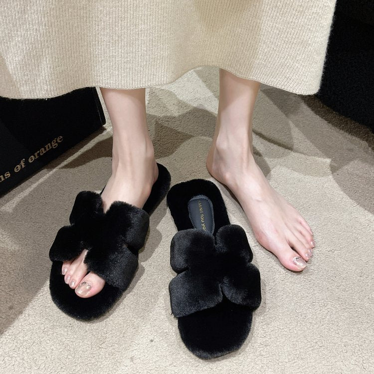 Chaussons femme bout ouvert à gros nœud effet peluche – Noir