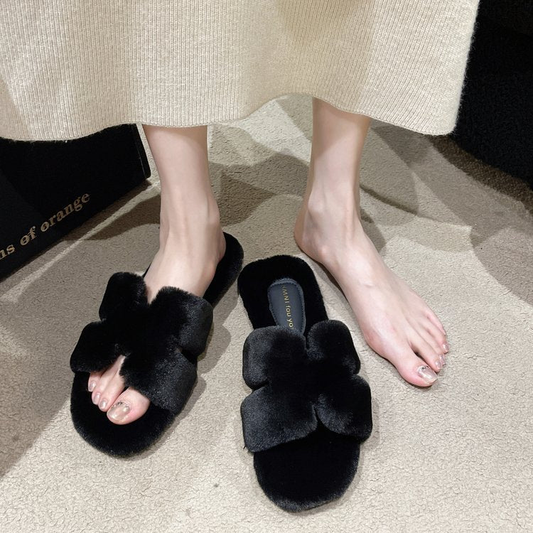 Chaussons femme bout ouvert à gros nœud effet peluche – Noir