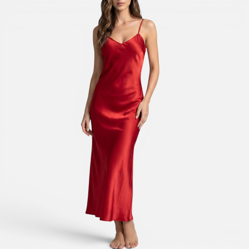 Chemise de nuit femme mi-longue à fines bretelles réglables – Rouge orangé