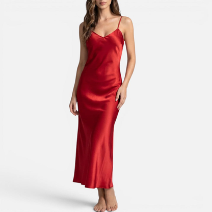 Chemise de nuit femme mi-longue à fines bretelles réglables – Rouge orangé