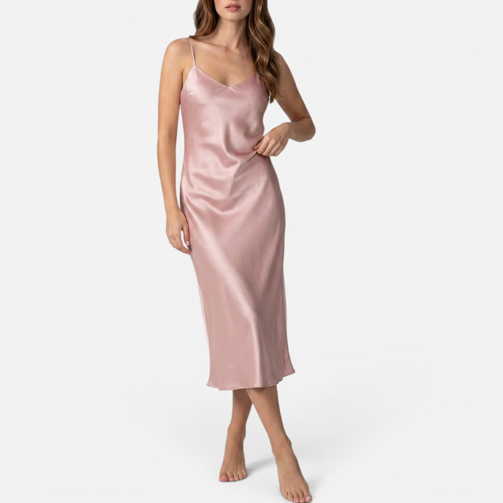 Chemise de nuit femme mi-longue à fines bretelles réglables – Rose