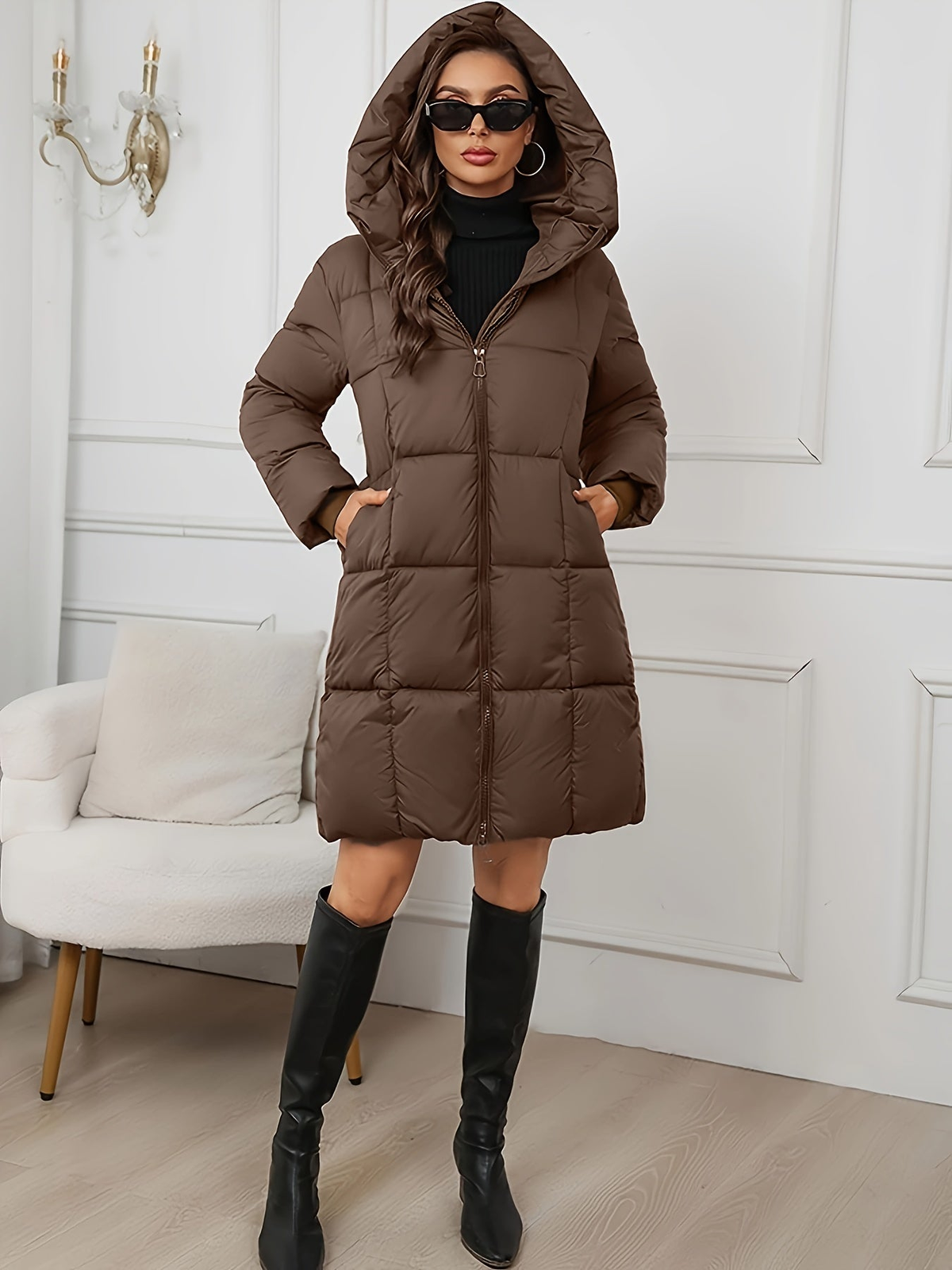 Doudoune longue femme à capuche et zip intégral