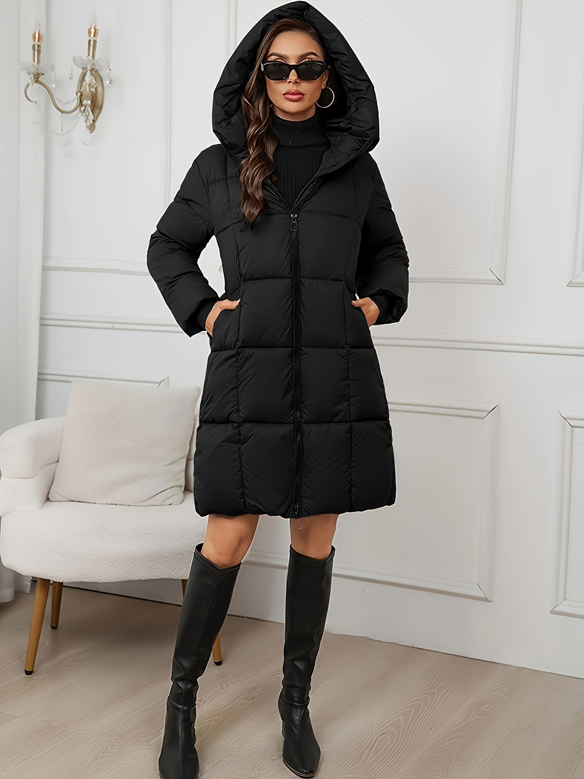 Doudoune longue femme à capuche et zip intégral