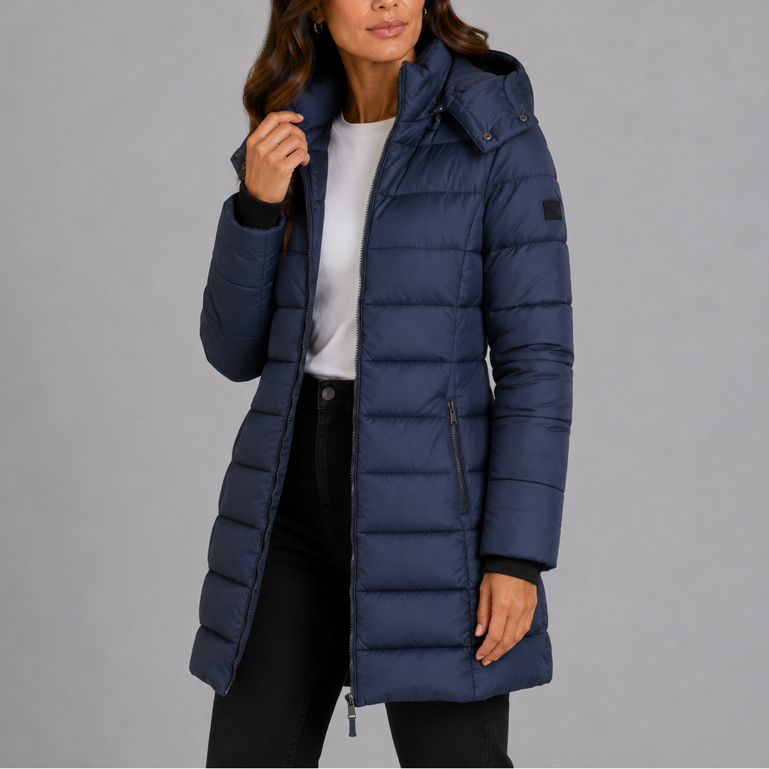 Doudoune longue femme cintrée à capuche et poches zippées – Bleu marine