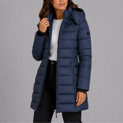 Doudoune longue femme cintrée à capuche et poches zippées – Bleu marine