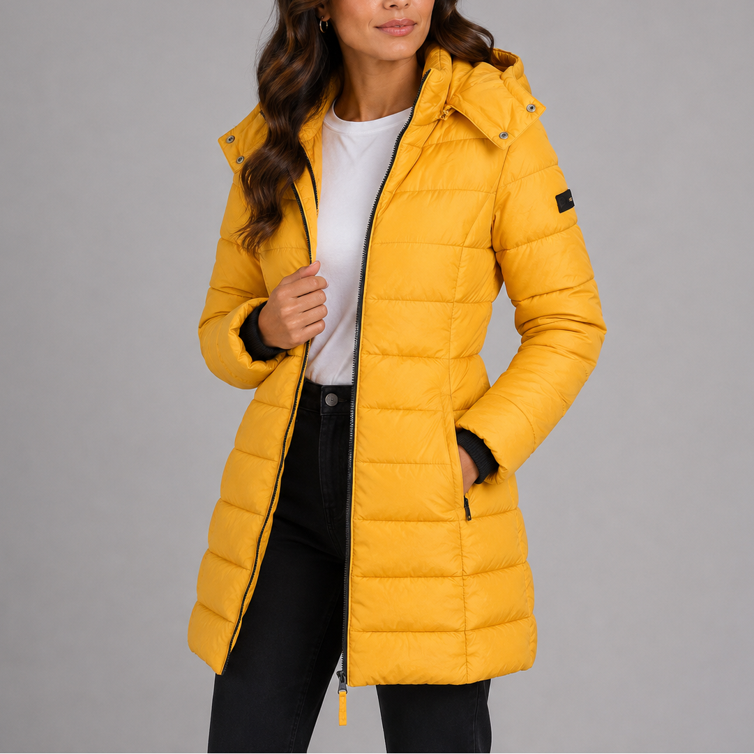 Doudoune longue femme cintrée à capuche et poches zippées – Jaune