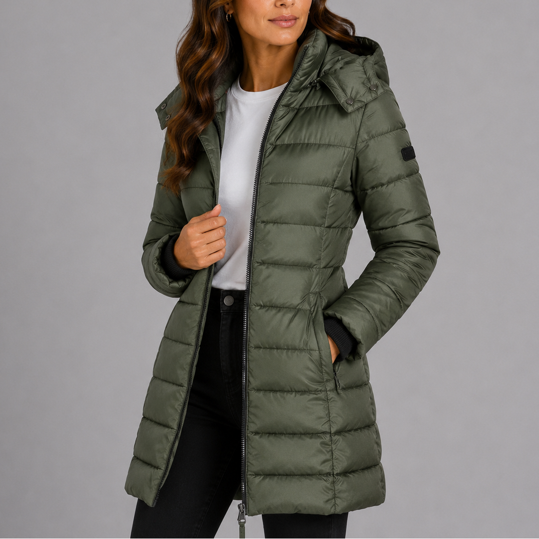 Doudoune longue femme cintrée à capuche et poches zippées – Vert