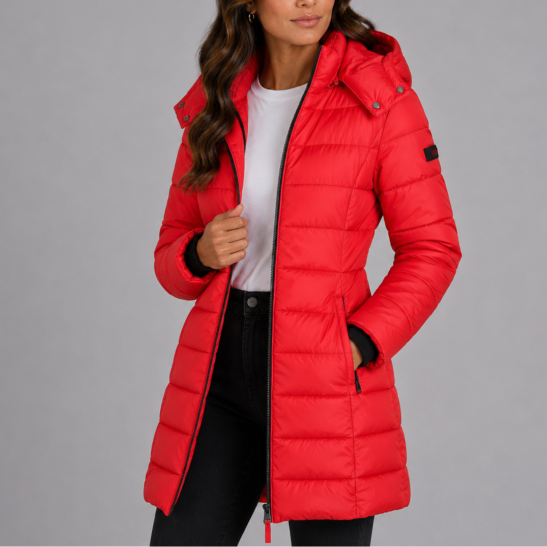 Doudoune longue femme cintrée à capuche et poches zippées – Rouge