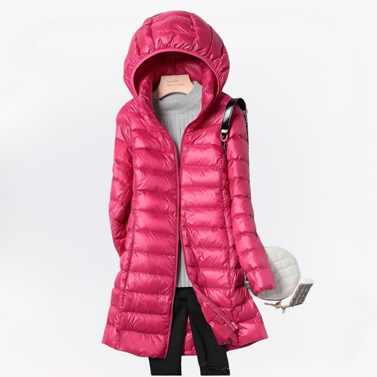 Doudoune longue femme légère à capuche intégrée – Rose foncé