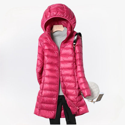 Doudoune longue femme légère à capuche intégrée – Rose foncé