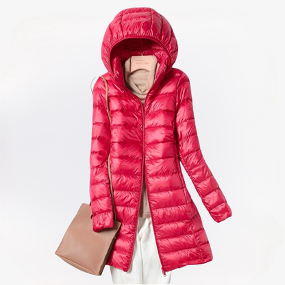 Doudoune longue femme légère à capuche intégrée – Rouge