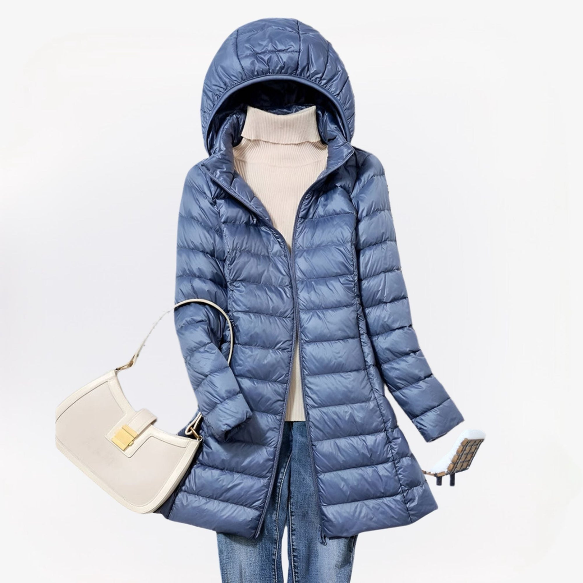 Doudoune longue femme légère à capuche intégrée – Bleu