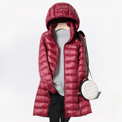 Doudoune longue femme légère à capuche intégrée – Rouge foncé