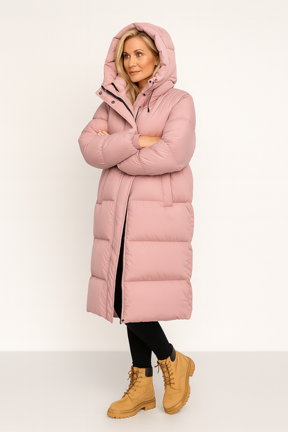Doudoune longue femme matelassée à capuche enveloppante – Rose