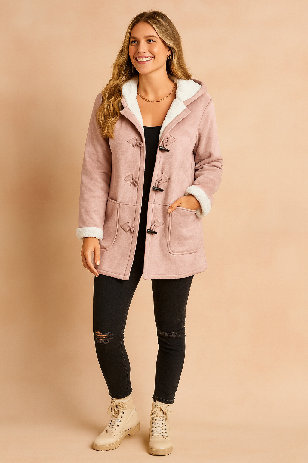 Duffle coat femme mi-long à capuche et brandebourgs – Rose pâle