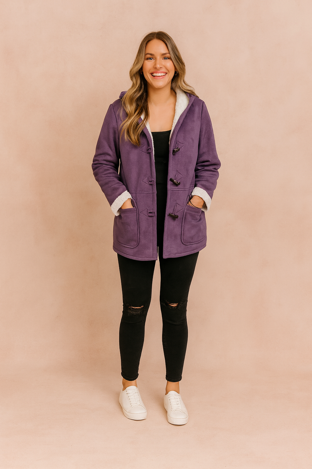Duffle coat femme mi-long à capuche et brandebourgs – Violet