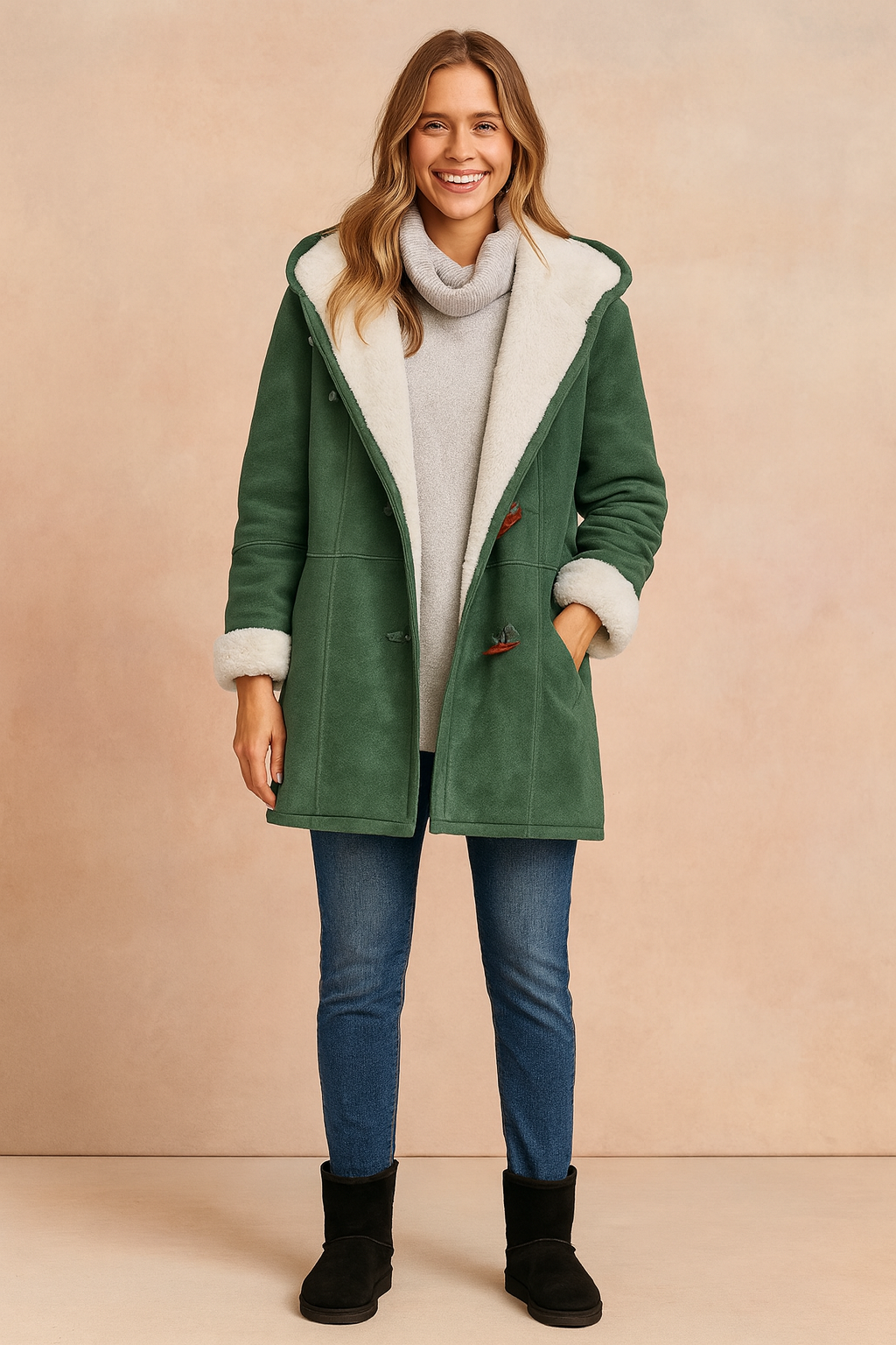 Duffle coat femme mi-long à capuche et brandebourgs – Vert