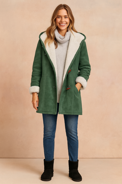 Duffle coat femme mi-long à capuche et brandebourgs – Vert