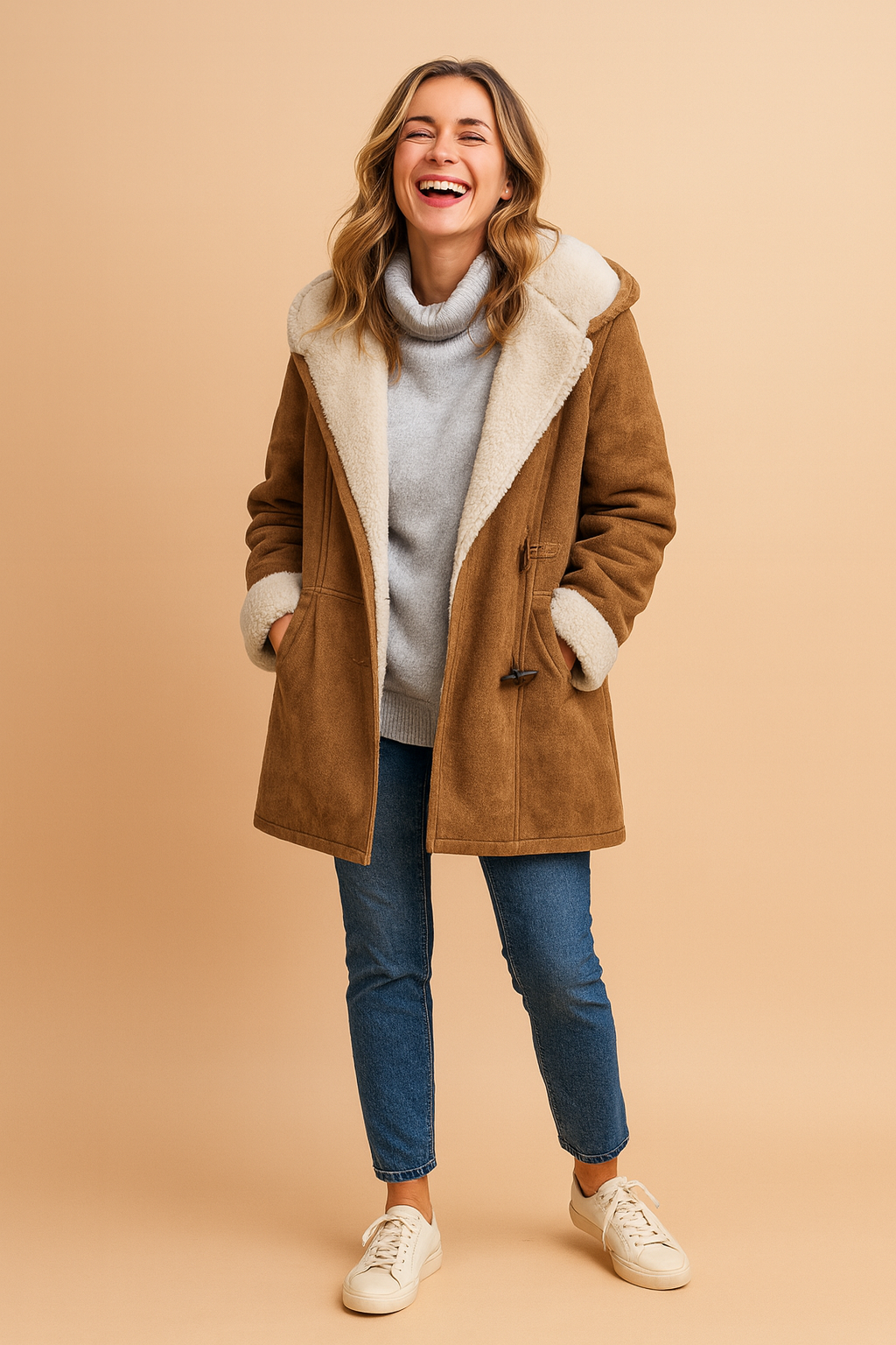 Duffle coat femme mi-long à capuche et brandebourgs – Marron