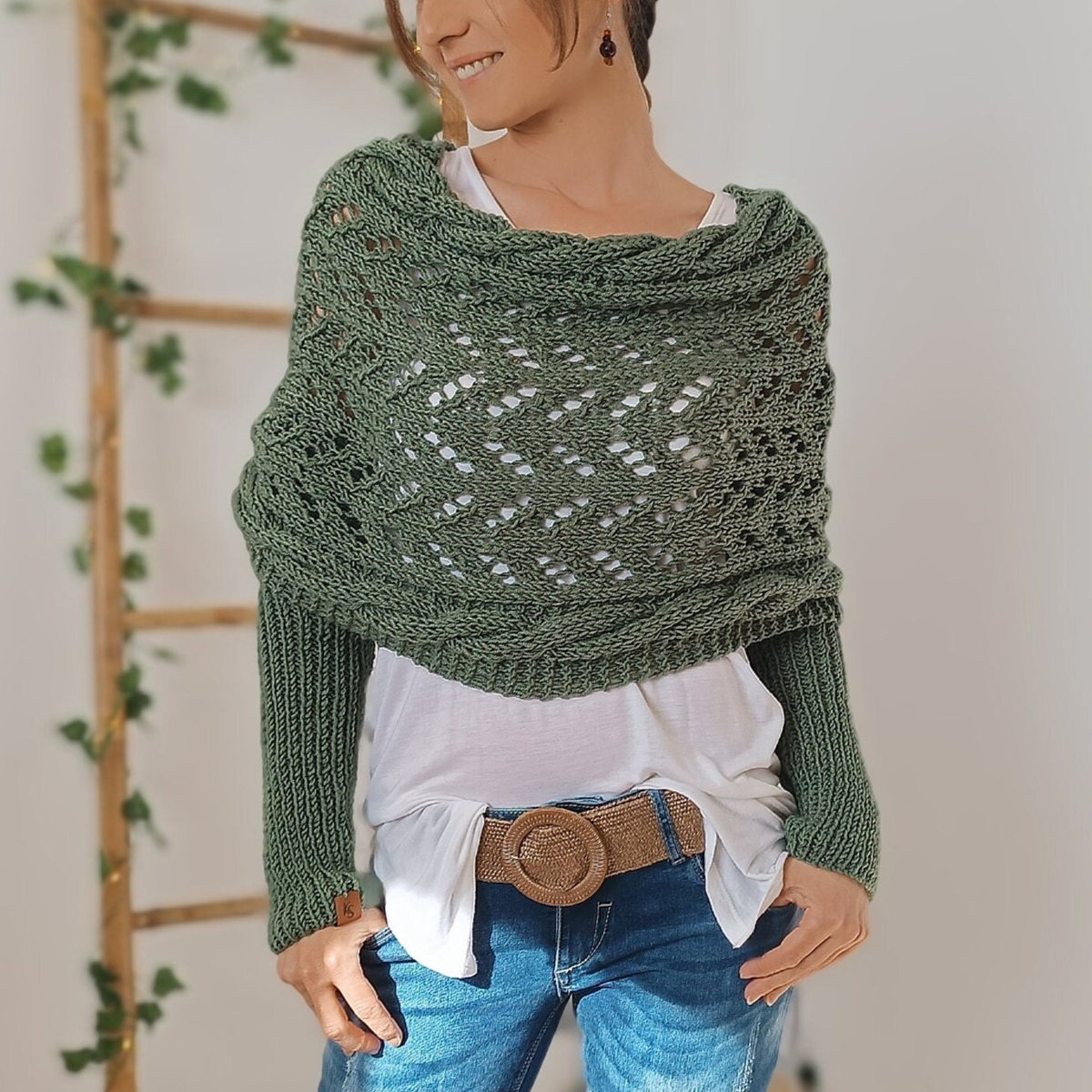 Écharpe femme à manches en maille torsadée – Vert