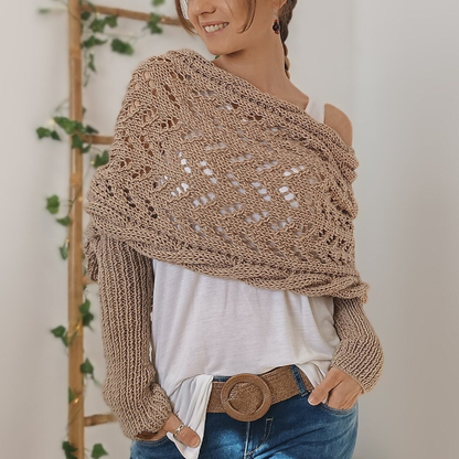 Écharpe femme à manches en maille torsadée – Camel