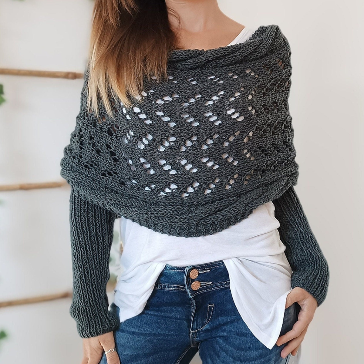 Écharpe femme à manches en maille torsadée – Vert foncé